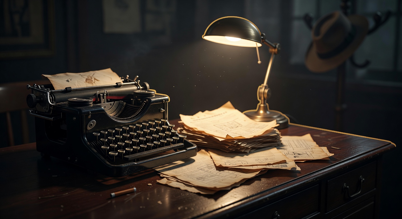 Close up of a typewriter and investigation papers on a desk