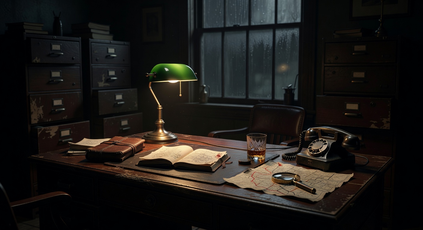 Dark atmospheric detective office desk with vintage elements