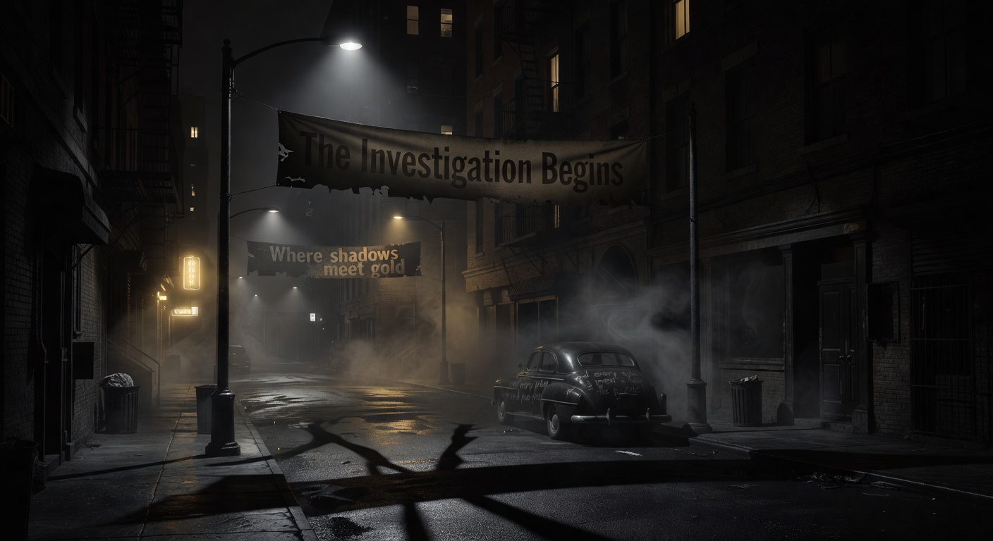 Dark moody city street at night in classic noir style